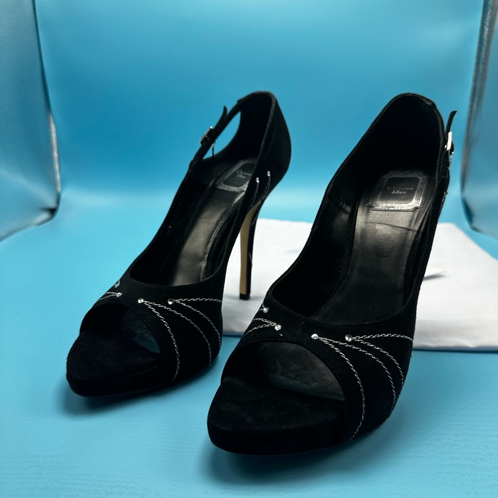 Christian Dior velvet embellished peep toe black heels.